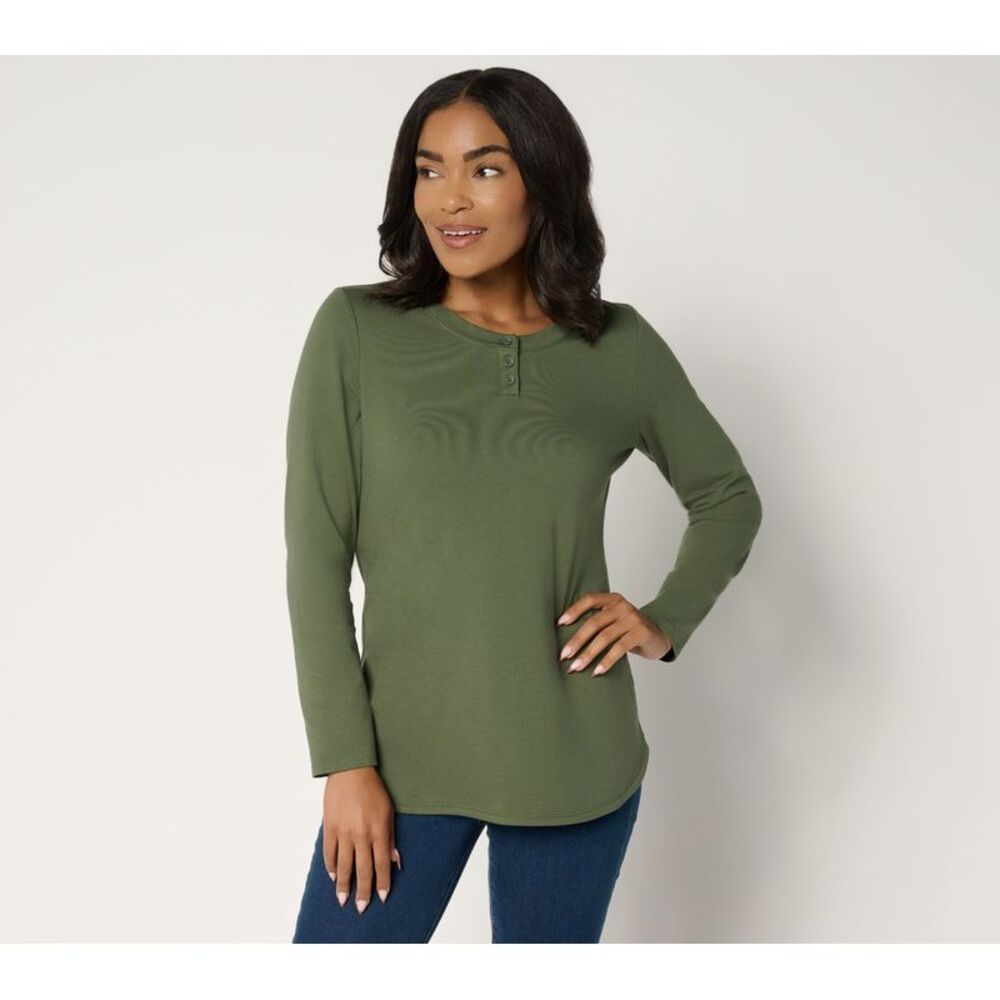 Denim & Co. Women's Top Sz XS Essentials Perfect Jersey Henley Green